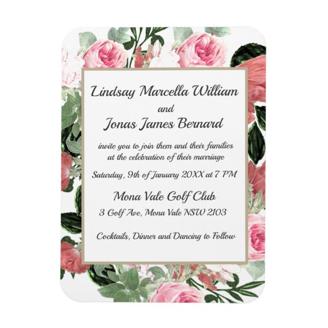 Imán Tarjeta magnética Boda floral de magnolia rosa (Vertical)