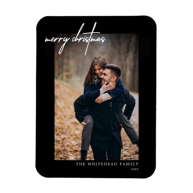 Imán Tarjeta Mínima de Navidad Blanca Merry Negro (Vertical)