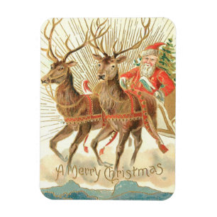 Imán Tarjeta postal de Navidad vintage, Santa con renos
