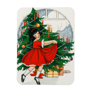 Imán Tarjeta postal retro de Navidad, niño y árbol de N