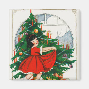 Imán Tarjeta postal retro de Navidad, niño y árbol de N