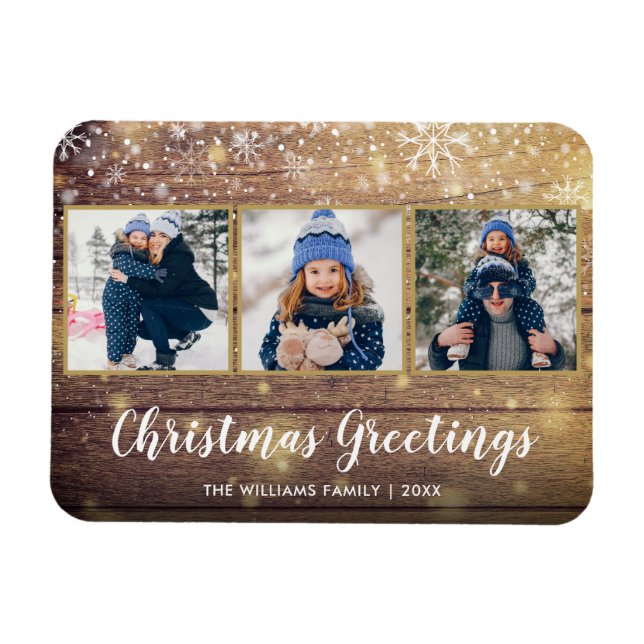 Imán Tarjetas Navideñas de Madera Rústica con 3 Fotos (Horizontal)
