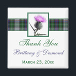 Imán Tartán y Thistle Wedding Favor Magnet<br><div class="desc">Este favor nupcial de MacKenzie Dress Tartán verde, morado, rosa y blanco, gracias imán tiene una flor de cardo enmarcada en verde sobre una banda de yeso que coincide con la invitación a la boda que se muestra a continuación. Si quieres que la banda tartán se cambie a tu familia...</div>