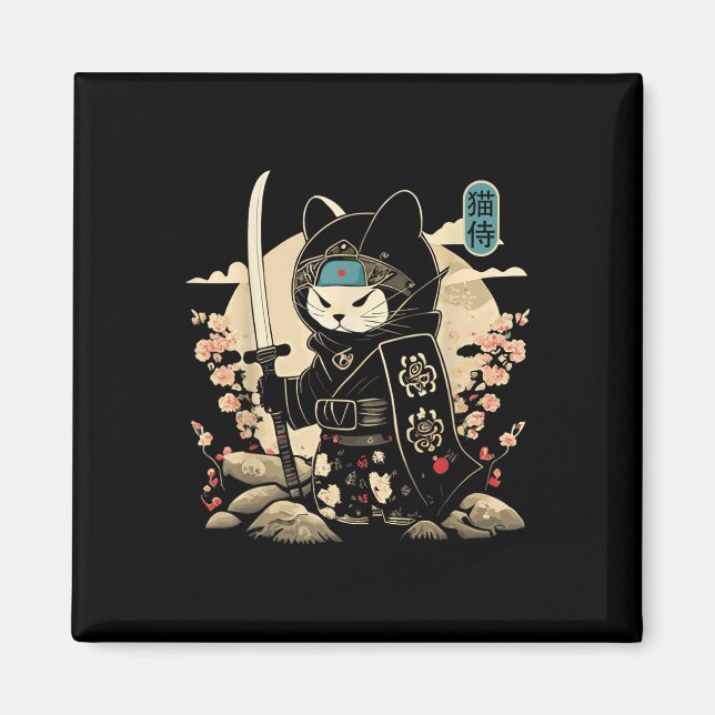Imán Tattoo Kawaii Ninja Cat _1 de Samurai Japonés (Frente)