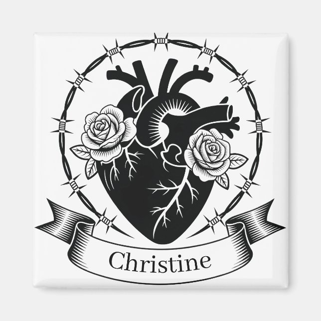 Imán Tatuaje de Corazón Anatómico: Diseño en Blanco y N (Frente)