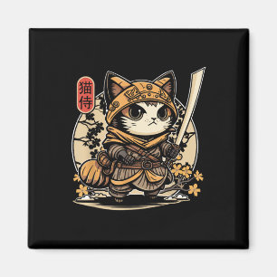 Imán Tatuaje de gato samurai japonés, gato Kawaii Ninja