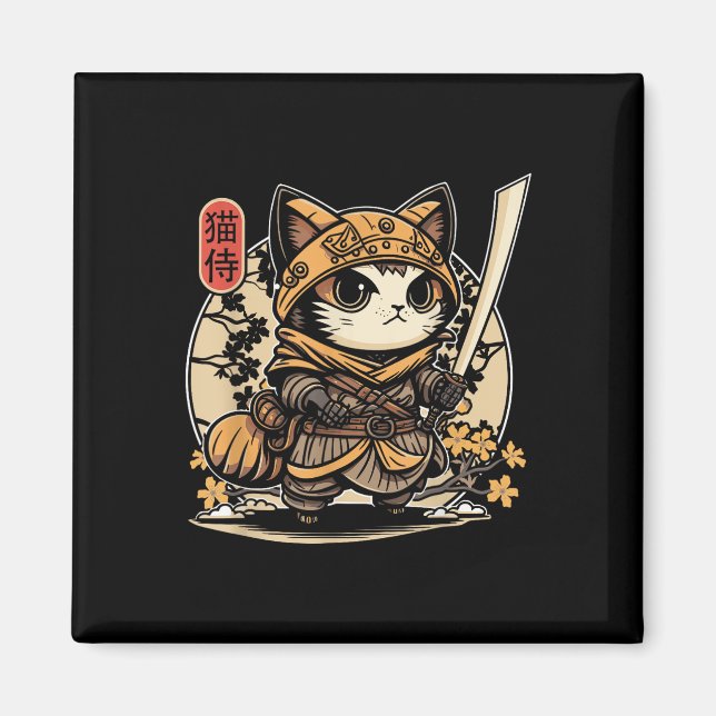 Imán Tatuaje de gato samurai japonés, gato Kawaii Ninja (Frente)