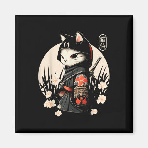 Imán Tatuaje de gato samurai japonés, gato Kawaii Ninja