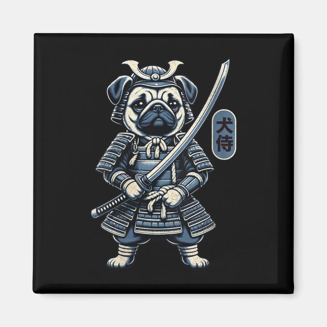 Imán Tatuaje de perro samurai japonés, perro pug Kawaii (Frente)