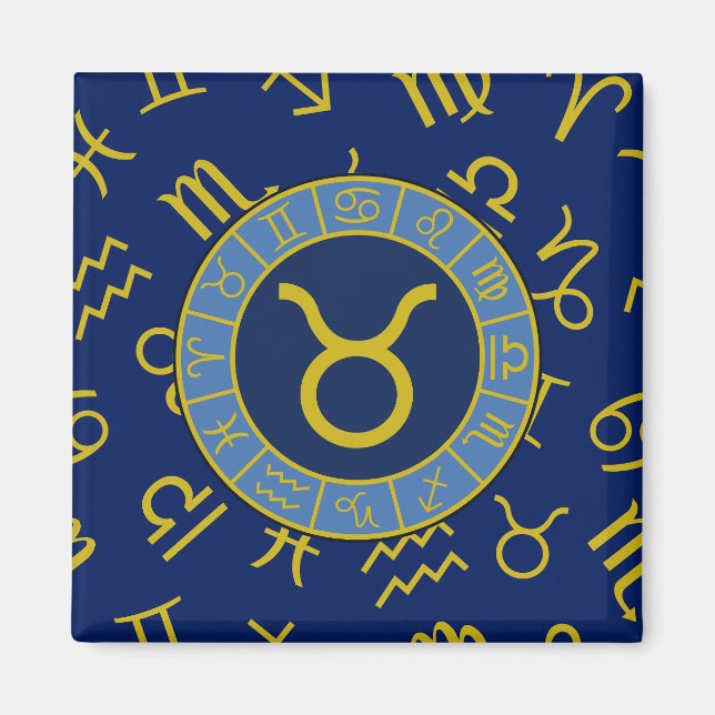 Imán Taurus Zodiac+Símbolos Astrológicos Patrón Oro+Blu (Frente)