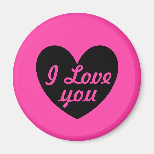 Imán "Te amo" Corazón negro en rosa fucsia (Frente)