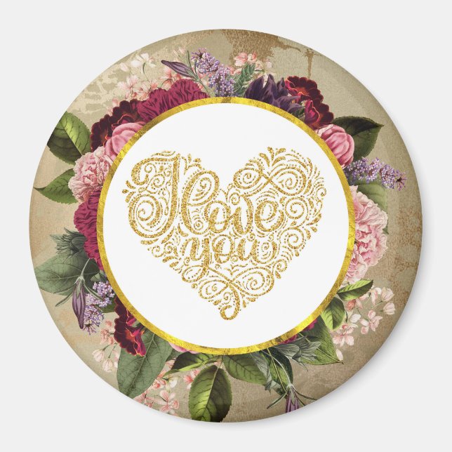 Imán Te amo el corazón dorado con marco floral (Frente)