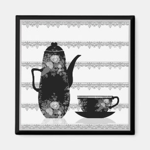 Imán Té café taza de café ilustracion blanco negro retr