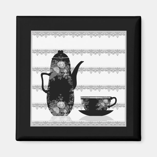 Imán Té café taza de café ilustracion blanco negro retr (Frente)