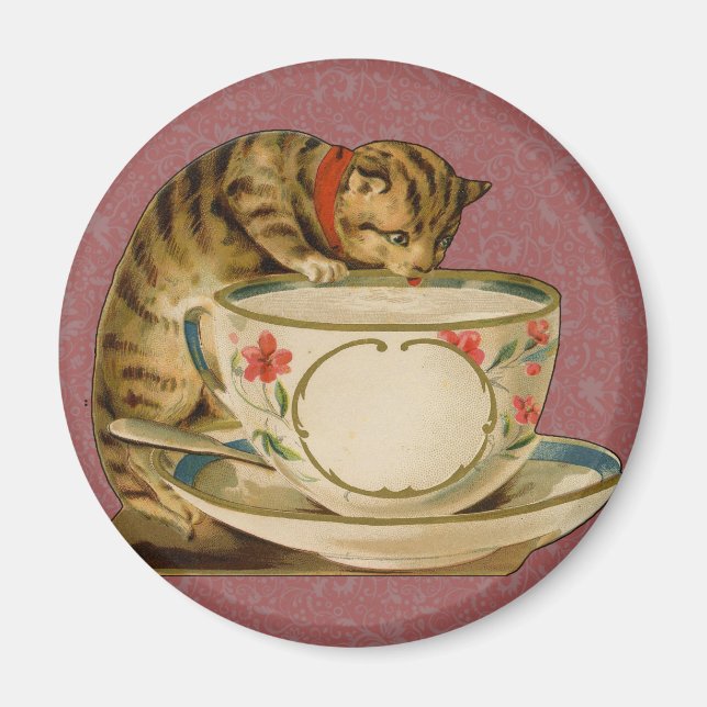 Imán Teacup Cat Cute Vintage Victorian (Frente)