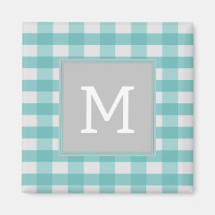 Imán Teal Buffalo Plaid Monogram Magnet