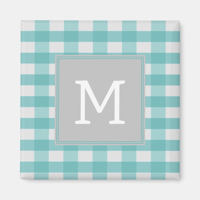 Imán Teal Buffalo Plaid Monogram Magnet (Frente)