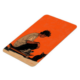 Imán Teenager sitting on skateboard and next to his cat