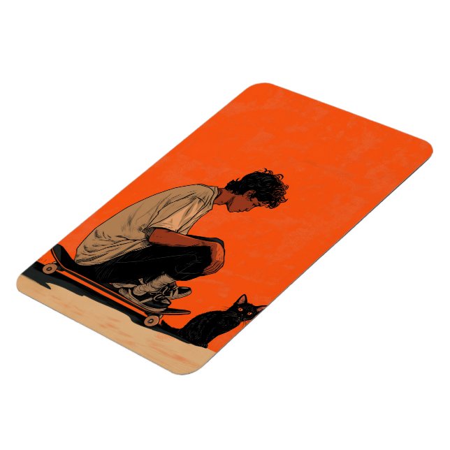 Imán Teenager sitting on skateboard and next to his cat (Lado Izquierdo)