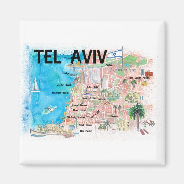 Imán Tel Aviv Israel Illustrated Map with Main Roads (Frente)