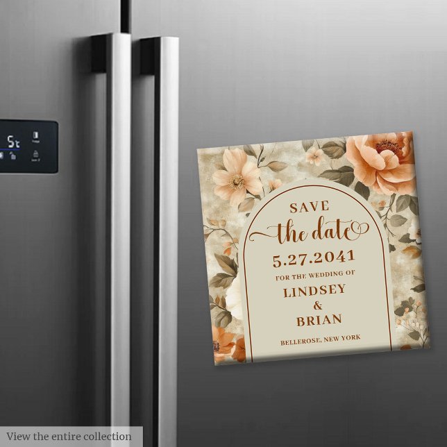 Imán Tendencias Boho Óxido Beige Oliva Floral Guardar l (Trendy Boho Rust Beige Olive Floral Save the Date)