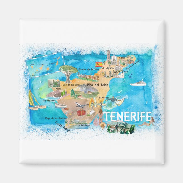 Imán Tenerife Canarias España Mapa ilustrado con Landm (Frente)
