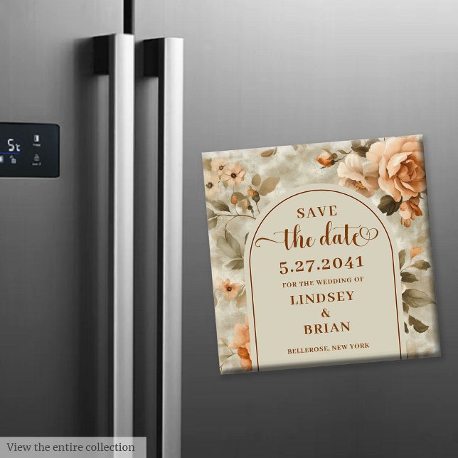 Imán Terracota Rústica Marfil Olivo Floral Salva la Fec (Rustic Boho Terracotta Ivory Olive Floral Save Date)