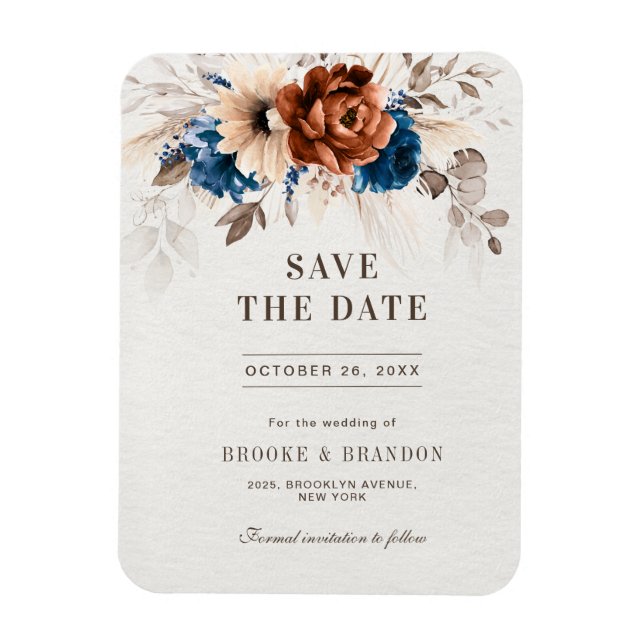 Imán Terracotta Navy Blue Pampas Grass Save the Date (Vertical)