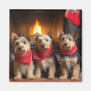 Imán Terrier Australiano junto a la Chimenea Navidad