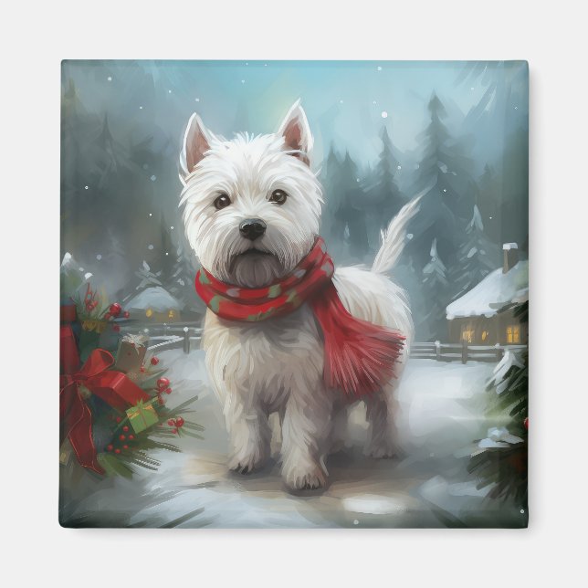Imán Terrier Blanco de West Highland en Navidad con nie (Frente)