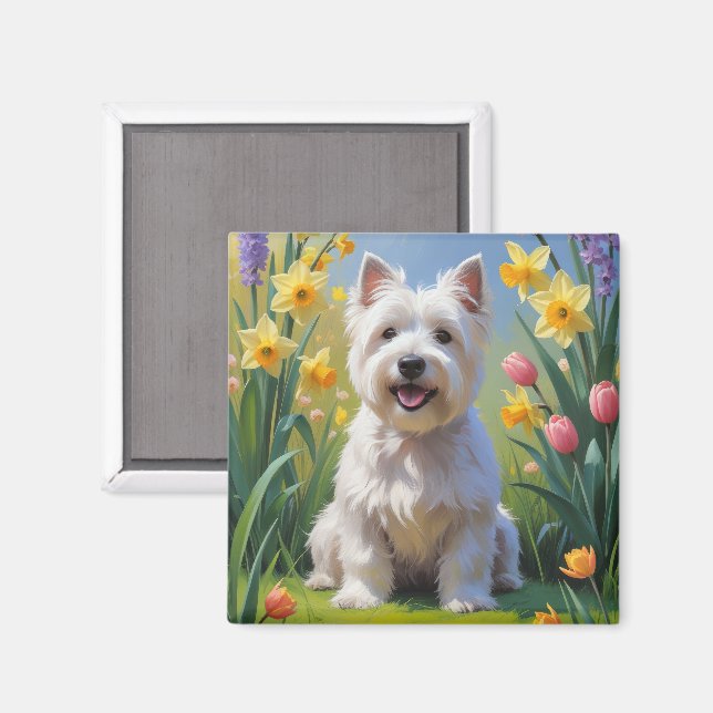 Imán Terrier Blanco de West Highland Flores de Primaver (Anverso/Reverso)
