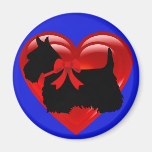 Imán Terrier escocés negro/blanco corazón/lazo rojo