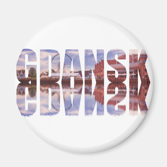 Imán Texto de Gdansk con vista al casco antiguo con ref (Frente)