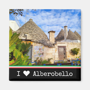Imán texto personalizado, casas trulli, Alberobello, Ap