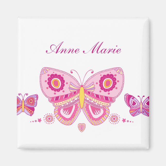 Imán Texto Personalizado de mariposas rosadas (Frente)