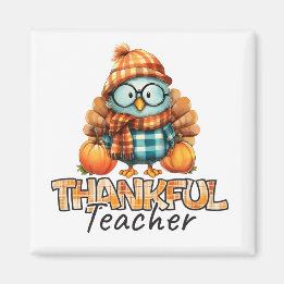Imán Thankful Teacher  Autumn Owl with Pumpkins & Plaid