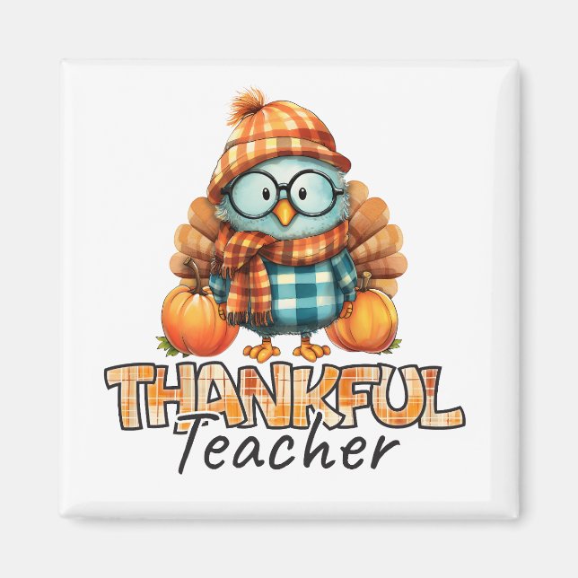 Imán Thankful Teacher  Autumn Owl with Pumpkins & Plaid (Frente)