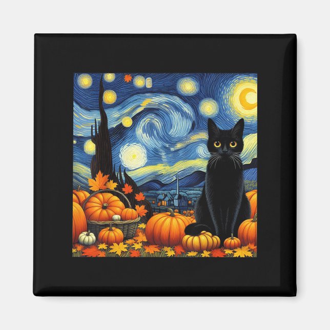 Imán Thanksgiving Van Gogh Starry Night Black Cat Pumpk (Frente)