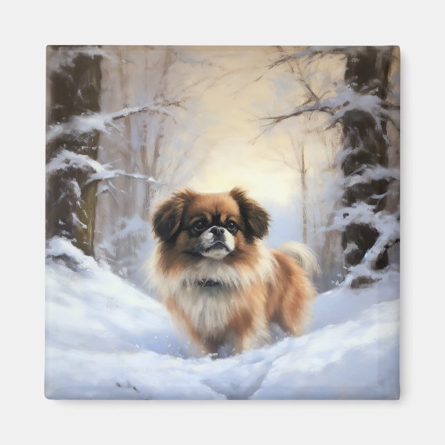 Imán Tibetan Spaniel Deja que nieve Navidad  (Frente)