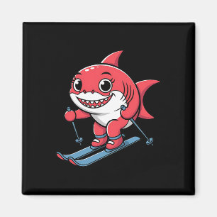 Imán Tiburón Rojo Adorable En Esquís Cartoon De Inviern