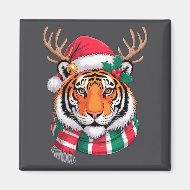Imán Tiger Reindeer Christmas Santa Hat Tiger Xmas  (Frente)