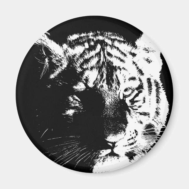 Imán Tigre de arte pop blanco y negro (Frente)