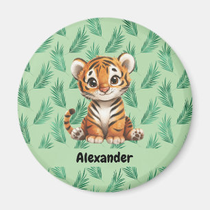 Imán Tigre de Dibujos Animados Lindo en Hojas Tropicale