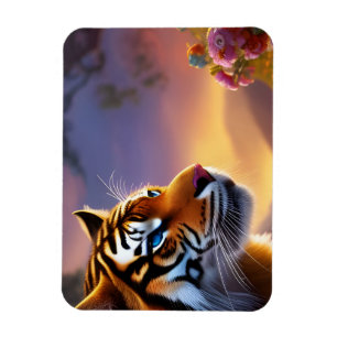 Imán Tigre de ojos azules y flores rosadas