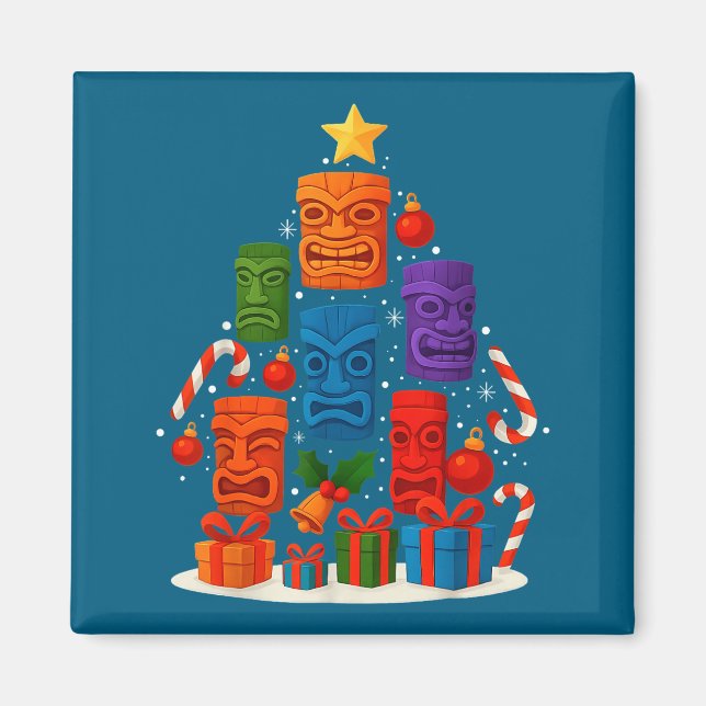 Imán Tiki Mask Luau Christmas Tree Hawaiian Xmas Hat Ha (Frente)