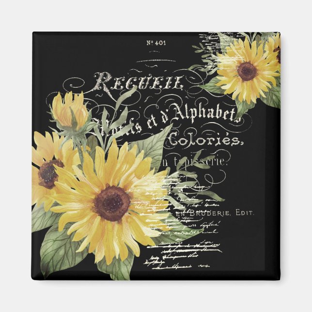Imán Tipografía de época y girasoles en negro (Frente)