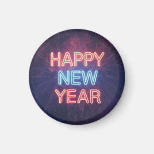 Imán Tipografía de "Feliz Año Nuevo" de neón con fuegos