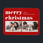 Imán Tipografía de Retro Rojo Feliz Navidad Dos Foto<br><div class="desc">Feliz Navidad! ¡Traiga un toque de alegría navideña a su casa con nuestro imán de Navidades fotográficos de Personalizable! Perfecto para mostrar recuerdos preciados, este imán te permite personalizarlo con tu foto festiva favorita, haciéndolo un complemento único a tu decoración de vacaciones. Presenta tipografía retro audaz. Personalice agregando un saludo...</div>