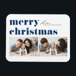 Imán Tipografía Retro Azul Feliz Navidad Dos Fotografía<br><div class="desc">¡Celebremos el espíritu festivo con nuestro imán de Navidades de fotos de personalizable! Perfecto para capturar tus momentos festivos favoritos, este imán te permite crear un conservador único que muestra la alegría y el amor de tu familia durante la temporada de vacaciones. Presenta tipografía retro audaz. Personalice agregando sus detalles....</div>