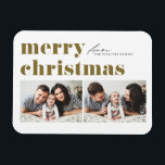 Imán Tipografía retro dorada Feliz Navidad Dos fotos<br><div class="desc">¡Celebremos el espíritu festivo con nuestro imán de Navidades de fotos de personalizable! Perfecto para capturar tus momentos festivos favoritos, este imán te permite crear un conservador único que muestra la alegría y el amor de tu familia durante la temporada de vacaciones. Presenta tipografía retro audaz. Personalice agregando sus detalles....</div>